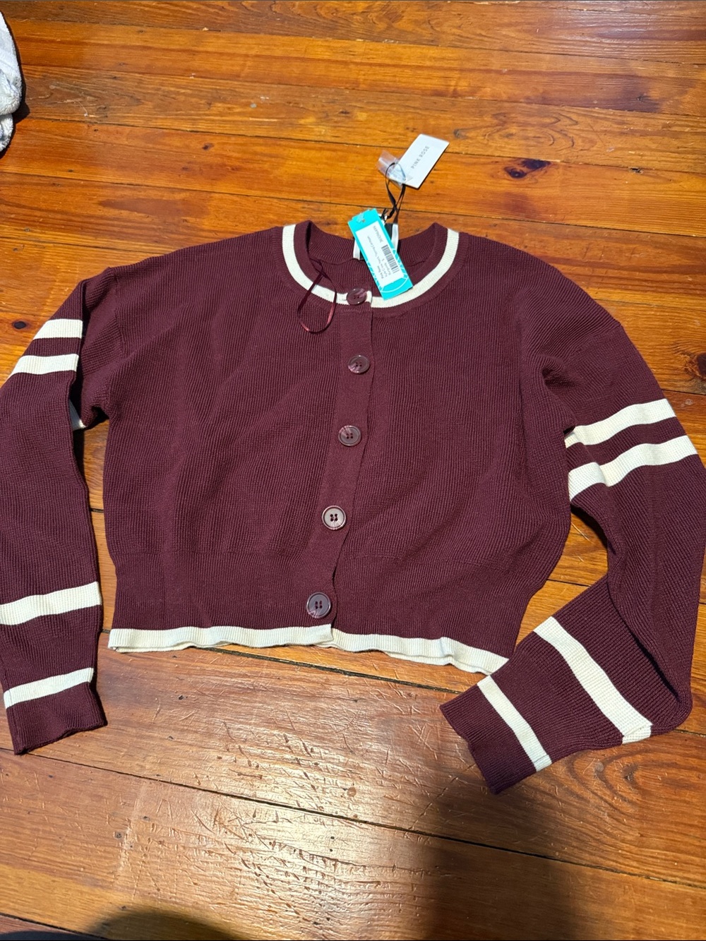 Pink Rose Burgundy Cardigan with Cream Trim